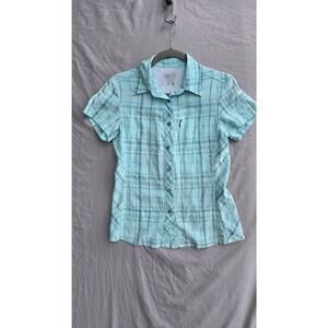 Columbia Shirt Womens Med Blue Plaid Omni-Shade Short Sleeve Hiking Top *stai